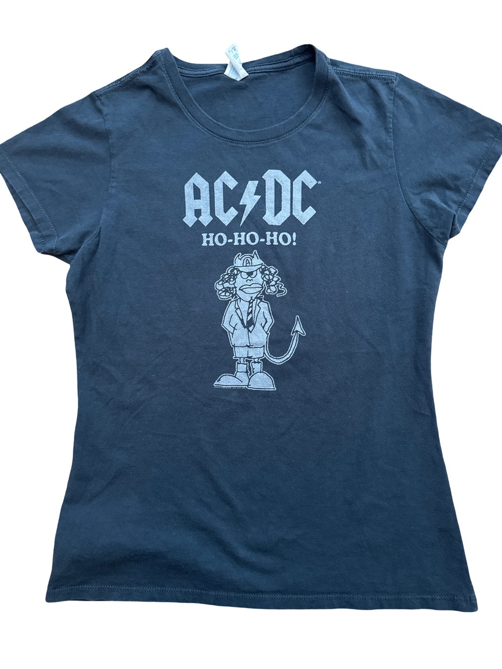AC/DC “Ho-Ho-Ho” Y2K Women’s Fitted Black T-Shirt Size Small Faded Rocker Chick